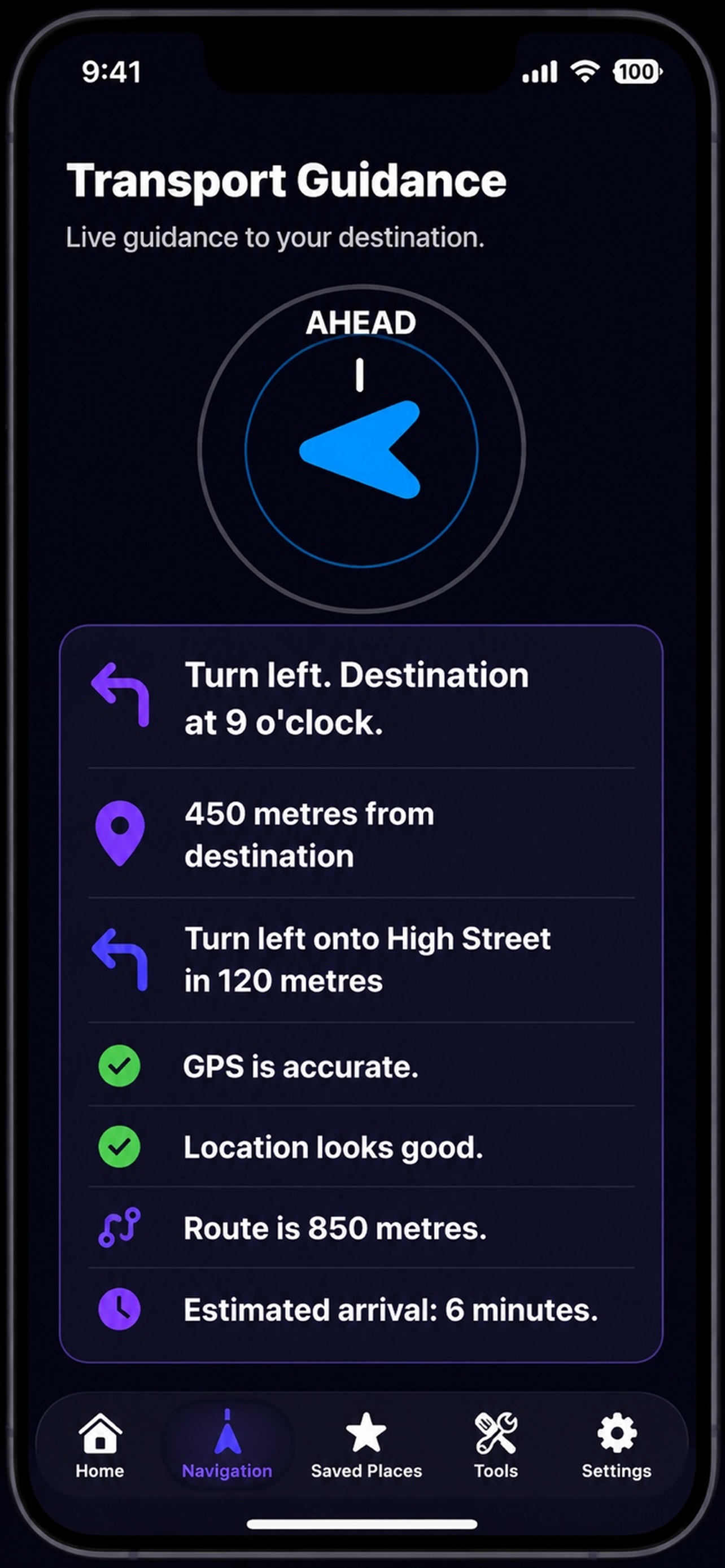 EchoPath live guidance screen showing accessible navigation information.